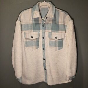 Utcoco Sherpa Fleece Flannel Button Up Shacket, Women's Size M, Cream & Multi